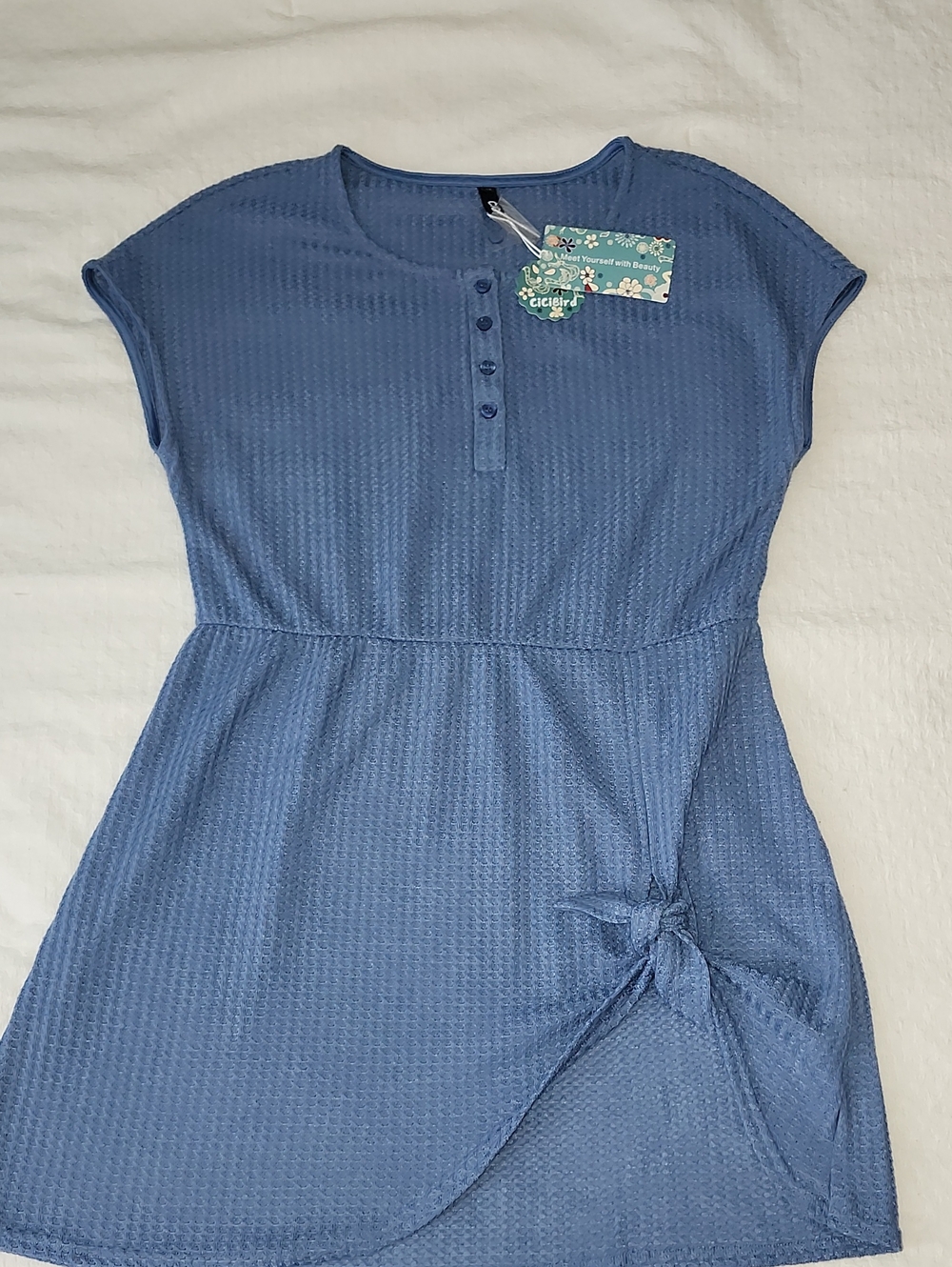 CiCiBird Blue Waffle Knit Henley Dress NWT Side Tie Wrap Hem - Medium